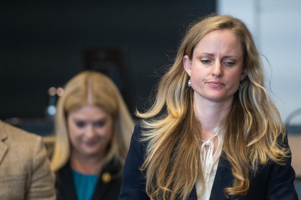 Defense attorney Mattie Fore, right, walks to her seat during jury selection in the first-degree murder trial of her client, Hipolito Fraguela, on June 23, 2023, in the Palm Beach County Courthouse in West Palm Beach.