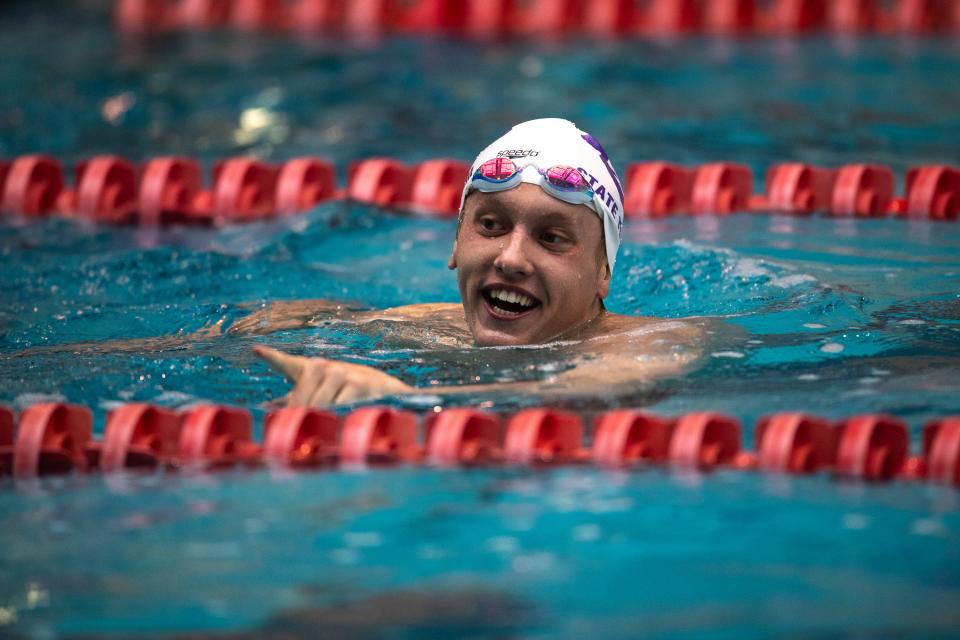 Fort Collins High School's Jack Ballard celebrates after winning the 200-yard freestyle in the 5A state swimming championship at Veterans Memorial Aquatics Center in Thornton on May 14.