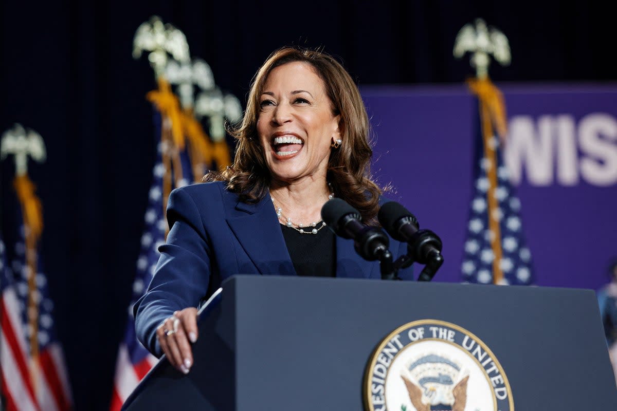 Kamala Harris speaks at West Allis Central High School during her first campaign rally in Milwaukee, Wisconsin, on July 23, 2024 (AFP via Getty Images)