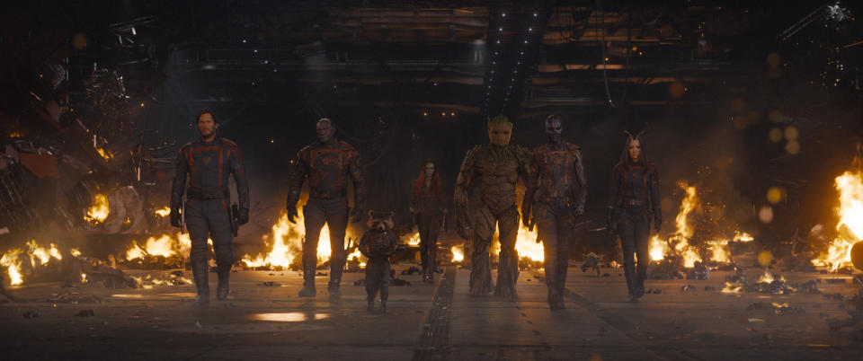 (L-R): Chris Pratt as Peter Quill/Star-Lord, Dave Bautista as Drax, Rocket (voiced by Bradley Cooper), Zoe Saldana as Gamora, Groot (voiced by Vin Diesel), Karen Gillan as Nebula, and Pom Klementieff as Mantis in Marvel Studios' Guardians of the Galaxy Vol. 3. Photo courtesy of Marvel Studios. © 2023 MARVEL.