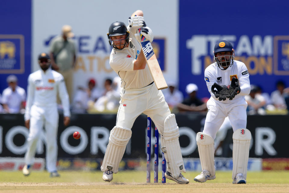 New Zealand's Glenn Phillips plays a shot on the third day of the first cricket test match between New Zealand and Sri Lanka in Galle, Sri Lanka, Friday, Sept. 20, 2024. (AP Photo/Viraj Kothalawala)