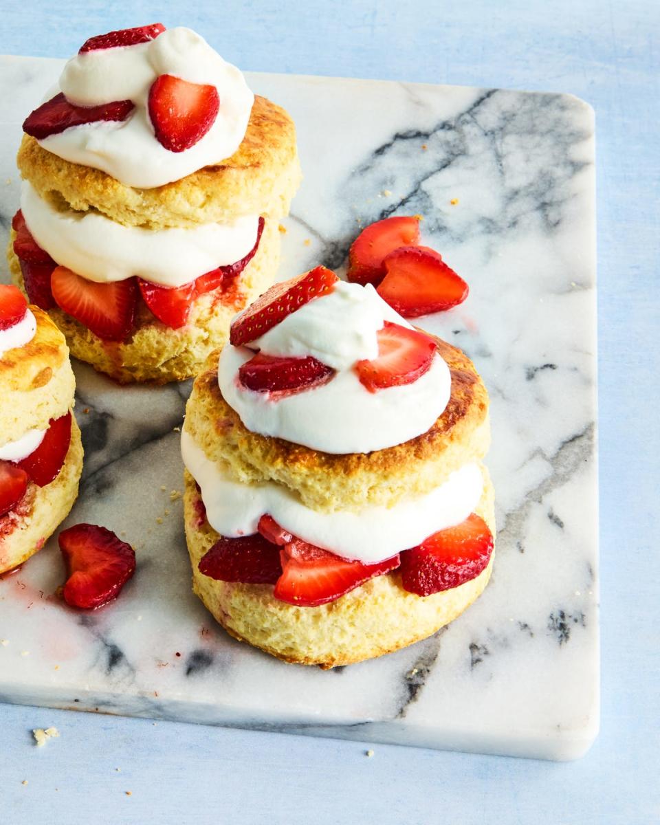 shortcake layered with strawberries and whipped cream