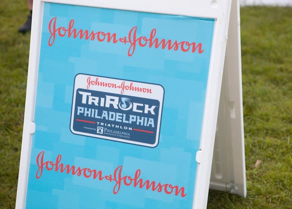 Sign at TriRock Philadelphia triathlon showing Johnson & Johnson sponsorship.