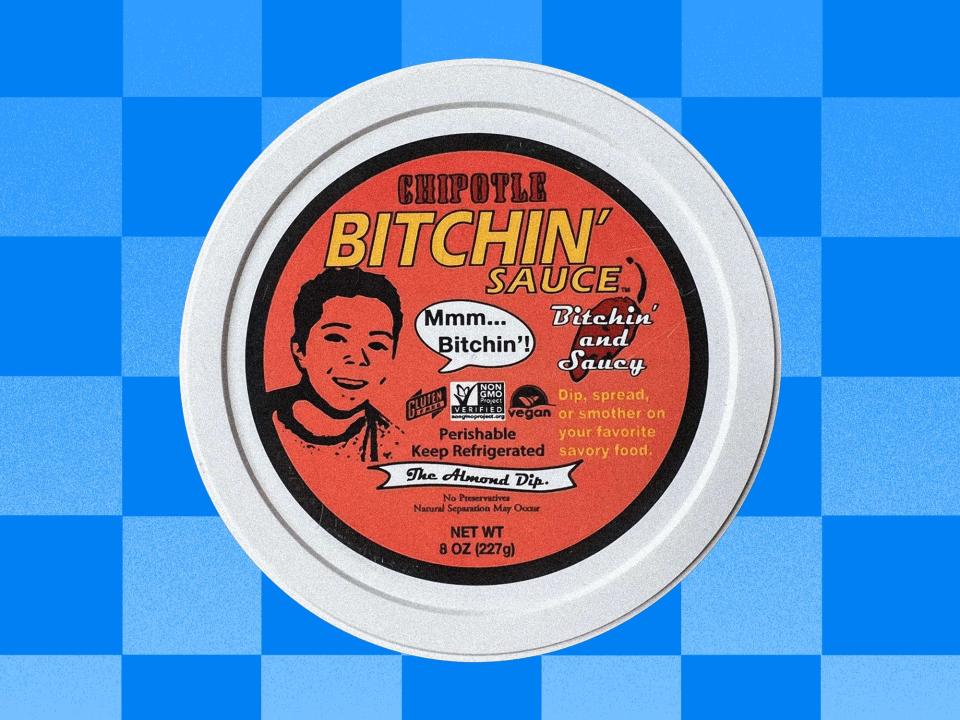 Bitchin' Sauce in front of a blue checkered background