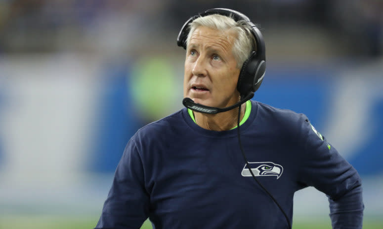 A closeup of Seattle Seahawks coach Pete Carroll.