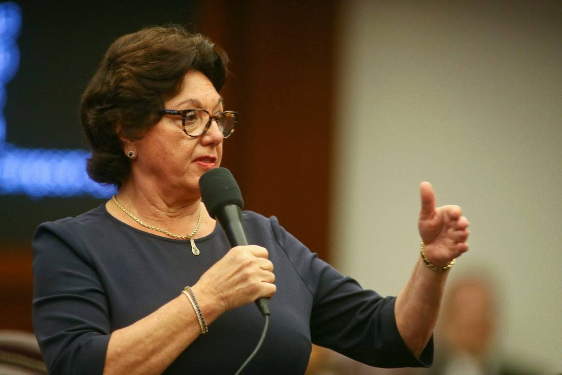 Sen. Kathleen Passidomo, R-Naples, answers a procedural question about a bill that would strip Disney of its special status on the floor of the Senate on April 19, 2022, at the Capitol in Tallahassee, Fla. Phil Sears/AP