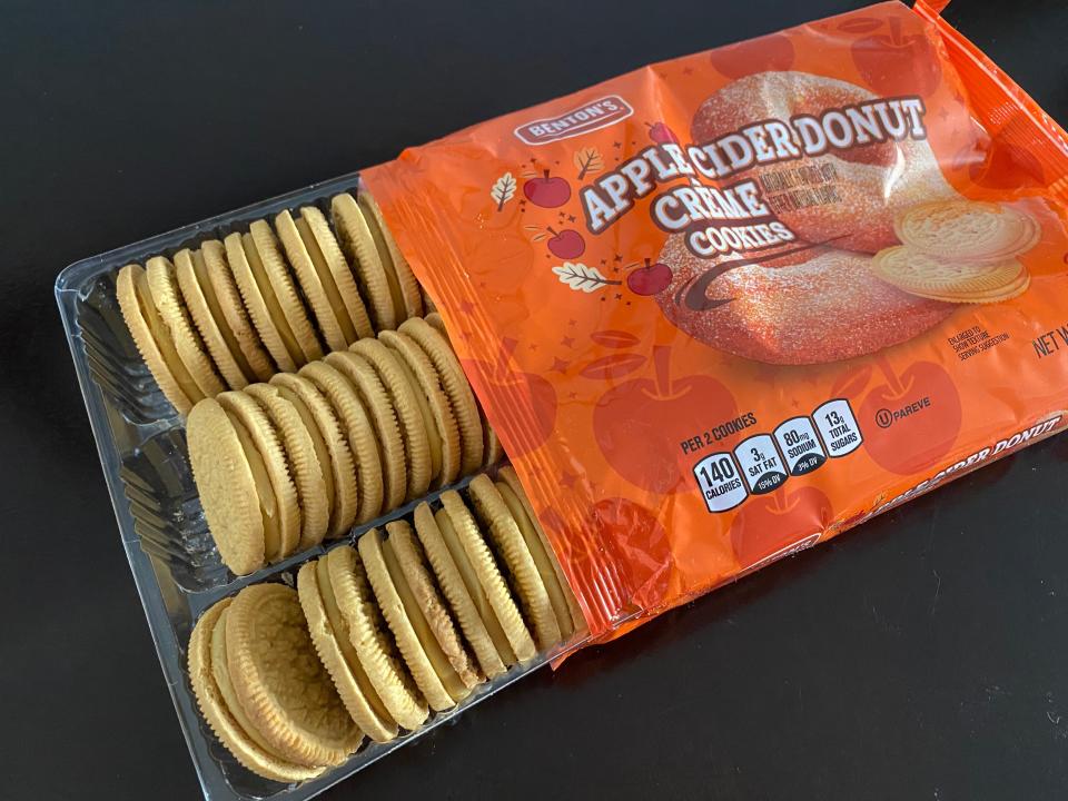 Open orange package of apple cider donut cookies from aldi