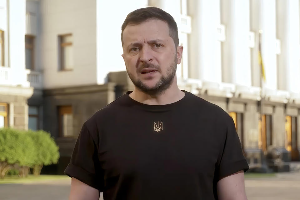 In this image from video provided by the Ukrainian Presidential Press Office, Ukrainian President Volodymyr Zelenskyy speaks from Kyiv, Ukraine, June 3, 2022. The address came on the 100th day of the Russian invasion and war in Ukraine. (Ukrainian Presidential Press Office via AP)