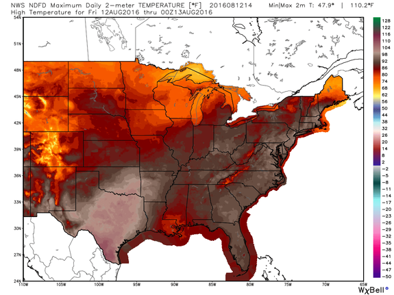 Forecast high temperatures in degrees Fahrenheit for Friday, August 12, 2016.