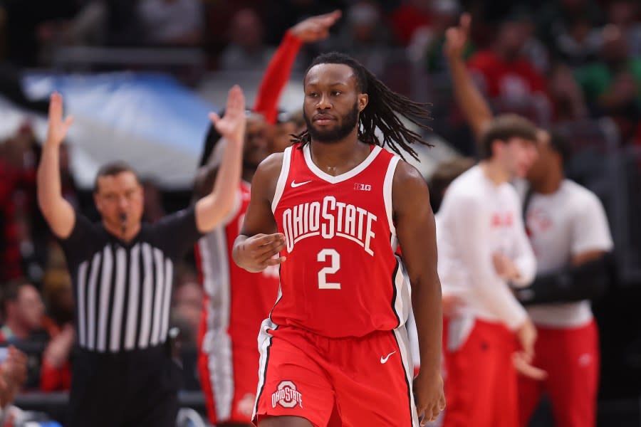 CHICAGO, ILLINOIS – MARCH 10: Bruce Thornton #2 of the Ohio State Buckeyes celebrates a three pointer against the Michigan State Spartans during the second half in the quarterfinals of the Big Ten Tournament at United Center on March 10, 2023 in Chicago, Illinois. (Photo by Michael Reaves/Getty Images)
