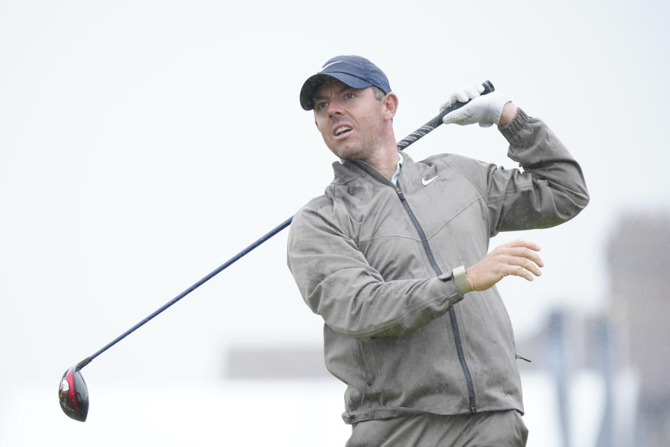 Northern Ireland's Rory McIlroy reacts to a bad shot off the 2nd tee during the final day of the British Open Golf Championships at the Royal Liverpool Golf Club in Hoylake, England, Sunday, July 23, 2023. (AP Photo/Jon Super)