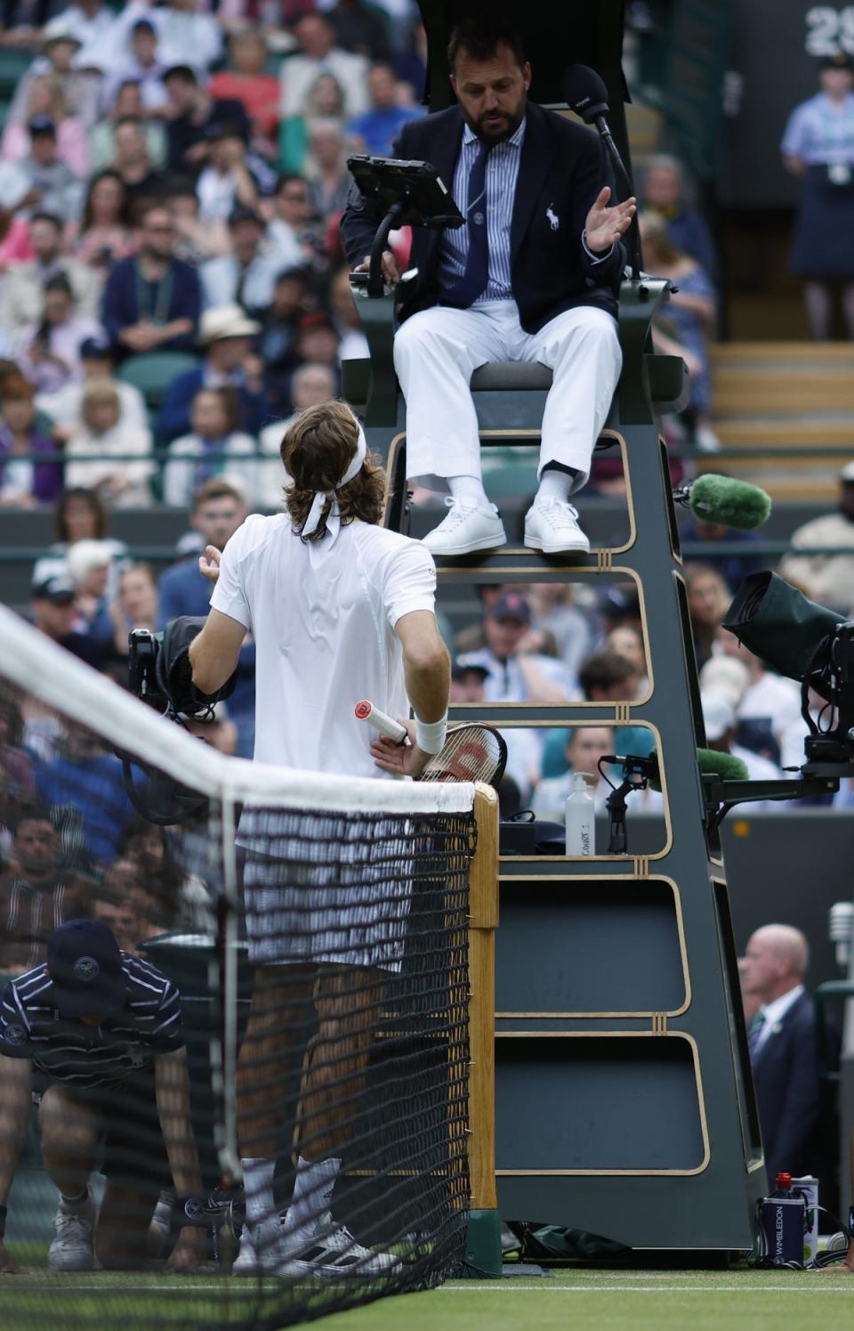 Stefanos Tsitsipas speaks to the umpire (Steven Paston/PA) (PA Wire)