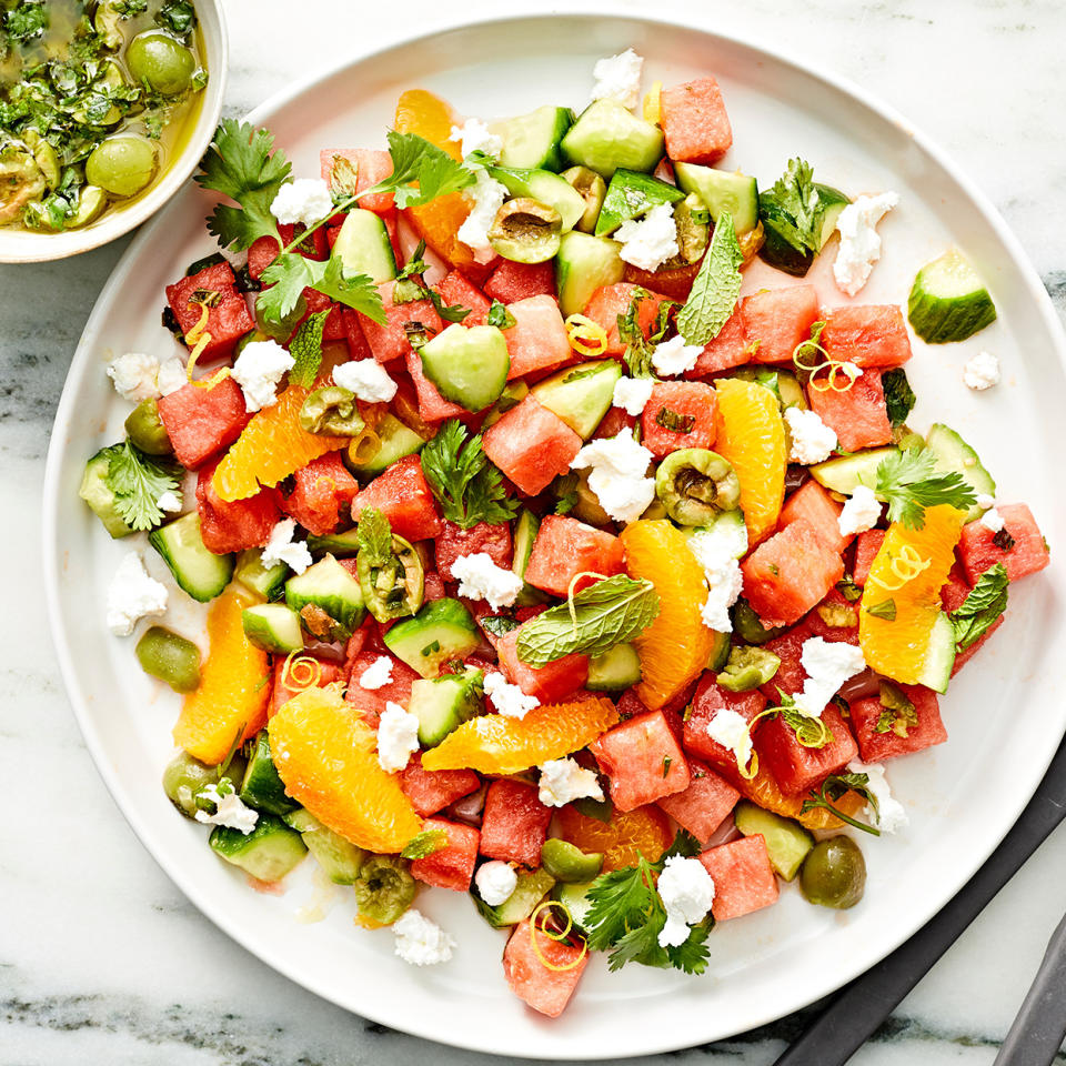 Watermelon, Orange & Cucumber Salad with Castelvetrano Olive Vinaigrette