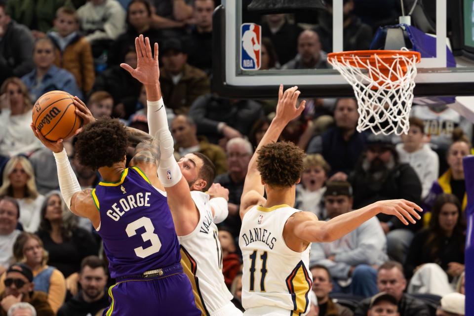 Utah Jazz guard Keyonte George (3) shoots during an NBA basketball game between the Utah Jazz and the New Orleans Pelicans at the Delta Center in Salt Lake City on Monday, Nov. 27, 2023. | Megan Nielsen, Deseret News