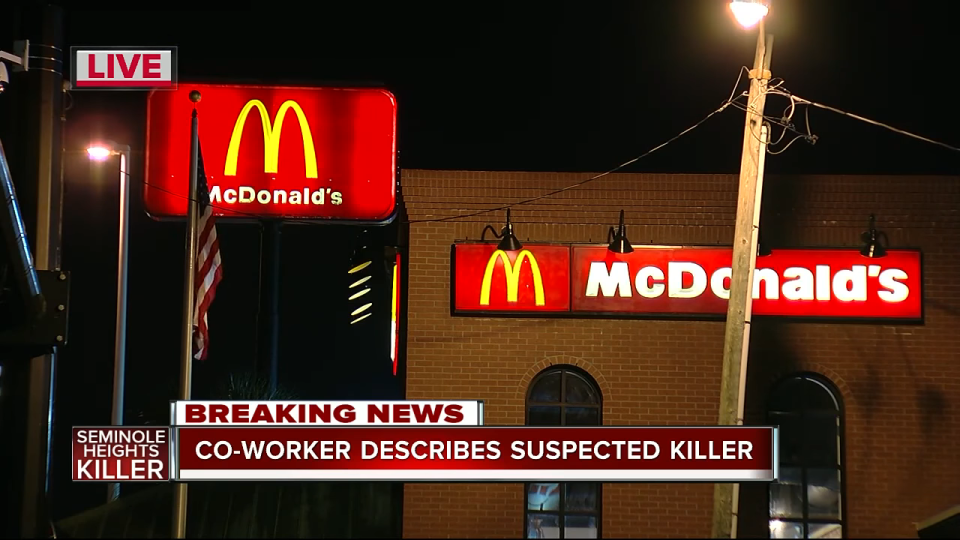 McDonald's storefront at night with "BREAKING NEWS" overlay and caption "CO-WORKER DESCRIBES SUSPECTED KILLER."