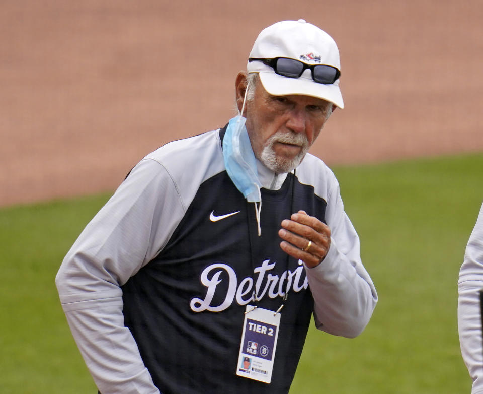 FILE - Former Detroit Tigers manager Jim Leyland watches batting practice before a spring training exhibition baseball game between the Philadelphia Phillies and the Tigers in Clearwater, Fla., March 21, 2021. Leyland, Lou Piniella, Cito Gaston and Davey Johnson are among eight men on the ballot for the Hall of Fame’s contemporary era committee for managers, executives and umpires that meets on Dec. 3, 2023, at the winter meetings in Nashville, Tenn. (AP Photo/Gene J. Puskar, File)