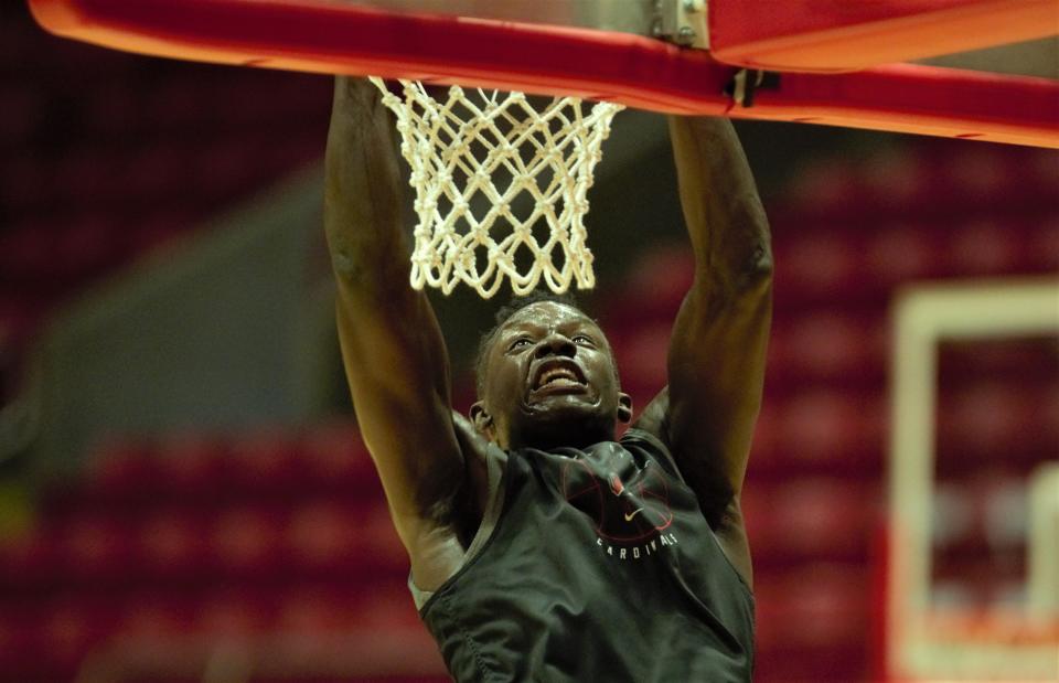 Ball State sophomore center Payton Sparks dunks during an open men's basketball practice at Worthen Arena Saturday, Oct. 15, 2022.