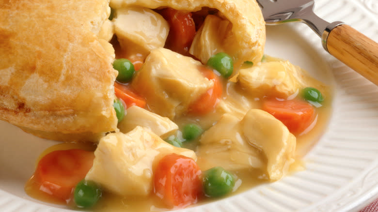 Chicken pot pie cut open