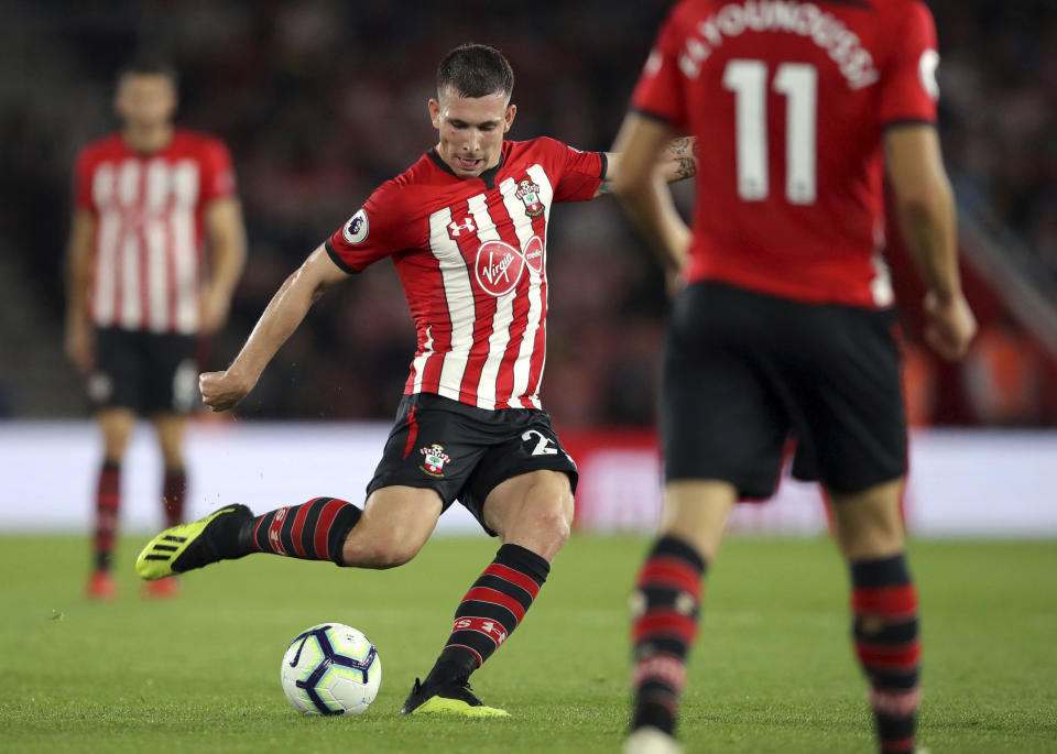 Southampton's Pierre-Emile Hojbjerg scores his side's first goal of the game against Brighton and Hove Albion during their English Premier League soccer match at St Mary's in Southampton, England, Monday Sept. 17, 2018. (John Walton/PA via AP)