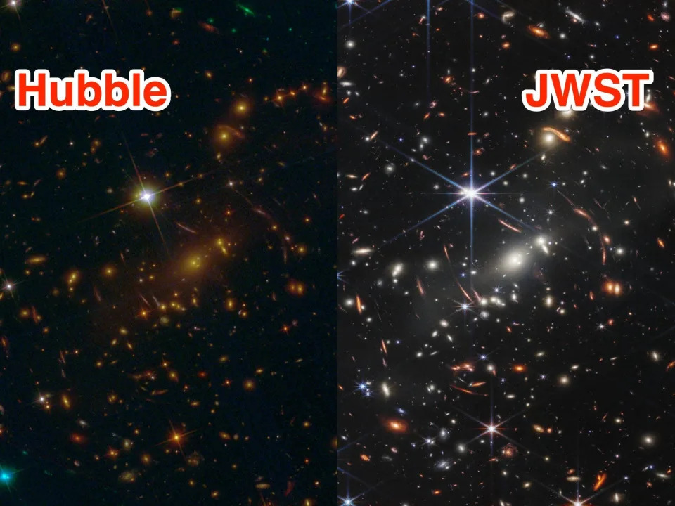 A side by side collage of the same area taken by the Hubble and the James Webb space telescopes.