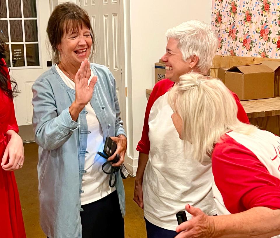 Sheila Butt, left, speaks with members of her campaign team following her election as the new Maury County Mayor on Thursday, Aug. 4, 2022.