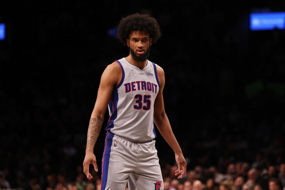 Marvin Bagley III of the Detroit Pistons in action against the Brooklyn Nets at Barclays Center on March 29, 2022 in New York City. 