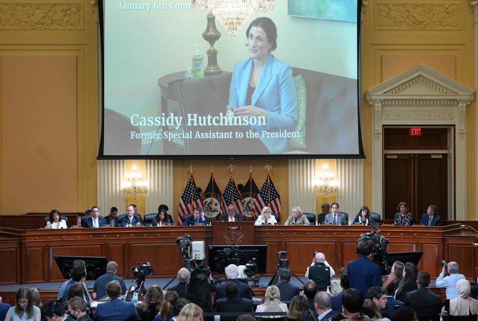 A video of Cassidy Hutchinson, aide to former White House Chief of Staff Mark Meadows, is shown during the House Jan. 6 committee on June 23.