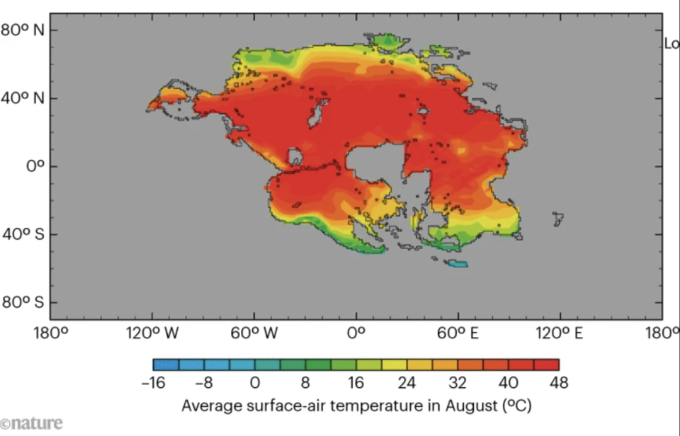 La chaleur de la Pangée terminale sera insupportable aux humains et à la plupart des mammifères.
Source : Alex Farnsworth et Chris Scotese