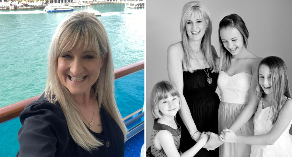 Karen Hedger is pictured left on a boat. Right she is in a black and white photo with her daughters Keischa, Paris, and Charlie.