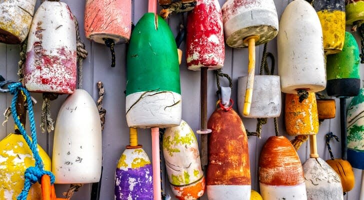 Lobster pot buoys hanging on a wall