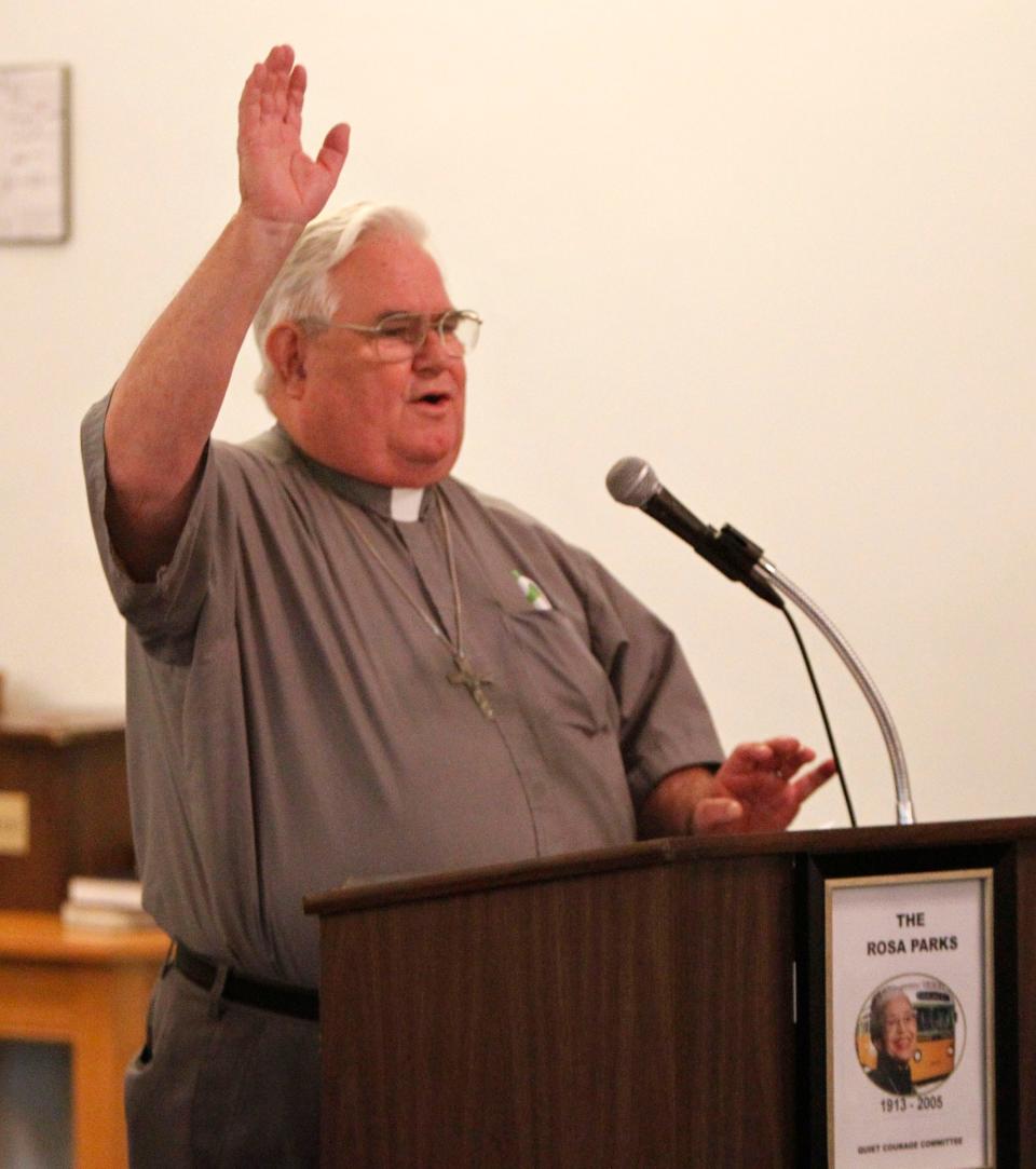 The Rev. Les Singleton, pastor of the Episcopal Church of the Mediator in Micanopy, addresses the audience during the "In The Name of Trayvon: A Call For Final Justice," meeting for peace, at Bartley Temple United Methodist Church in Gainesville on July 13, 2013.