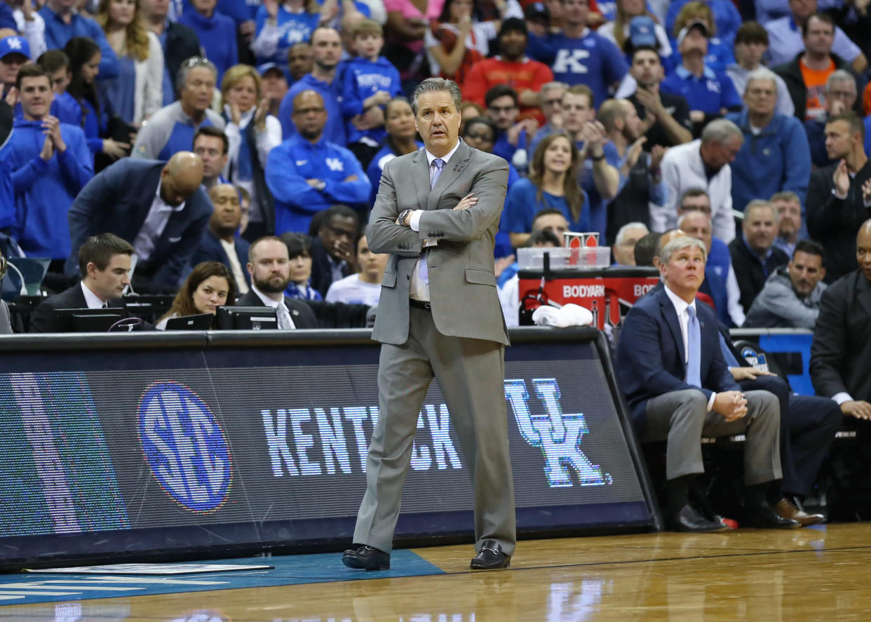 KANSAS CITY, MO - MARCH 31: Kentucky Wildcats head coach John Calipari stands with his hands folded late in overtime of the NCAA Midwest Regional Final game between the Auburn Tigers and Kentucky Wildcats on March 31, 2019 at Sprint Center in Kansas City, MO.  (Photo by Scott Winters/Icon Sportswire via Getty Images)