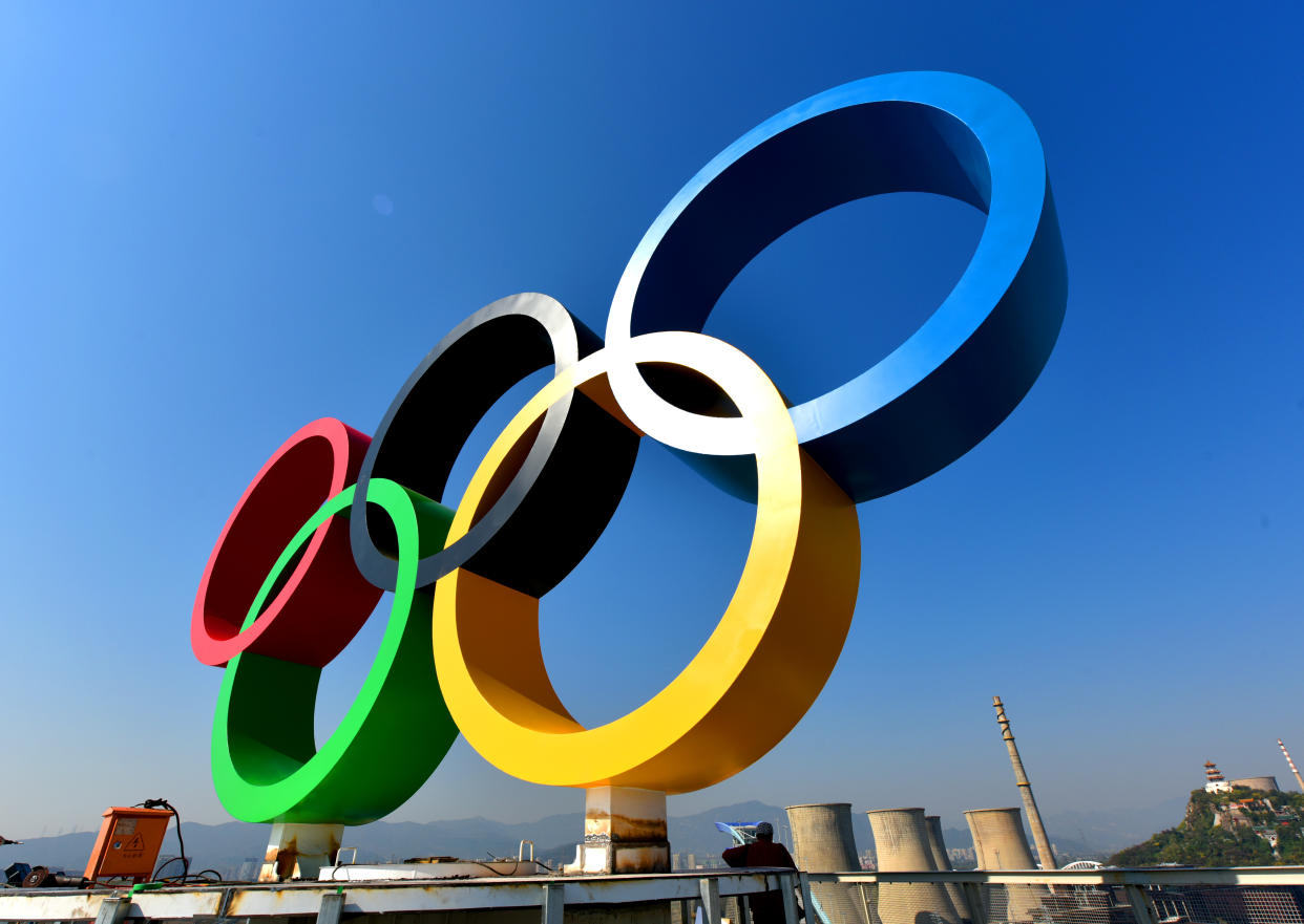 BEIJING, CHINA - OCTOBER 23: Olympic rings is seen at Shougang Park on October 23, 2021 in Beijing, China. The Big Air Shougang at Shougang Park will host the big air freestyle skiing and snowboarding competitions of the Beijing 2022 Winter Olympic Games. (Photo by Li Wenming/VCG via Getty Images)