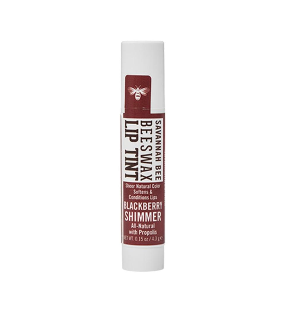 <strong><a href="https://savannahbee.com/beeswax-lip-tint-peach-blossom-1" target="_blank" rel="noopener noreferrer">Savannah Bee Company beeswax lip tint (seen here in Blackberry Shimmer)﻿</a>; available in three shades, $5</strong>