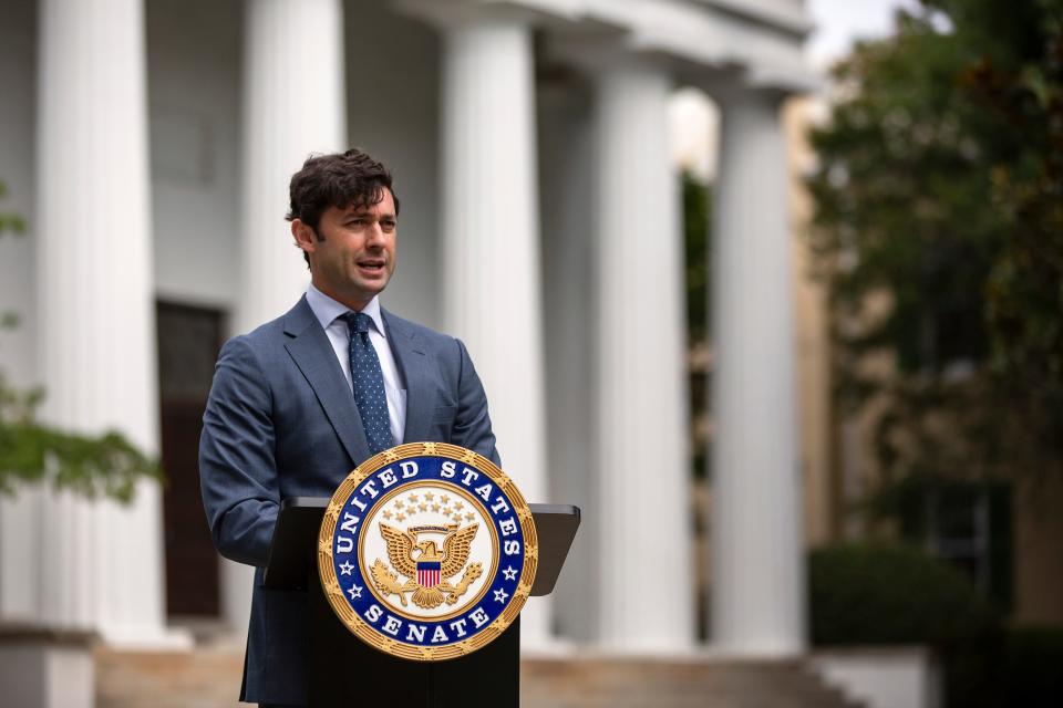 U.S. Sen. Jon Ossoff of Georgia answers questions during a tour to brief local agricultural and University of Georgia leaders on his work to boost Georgia’s agricultural sector on Tuesday, June 28, 2022, on UGA’s north campus in Athens.