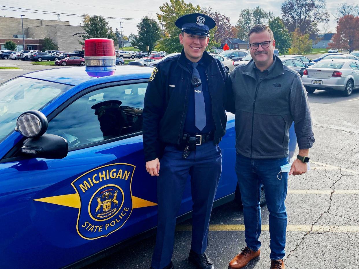 Adrian College professor Zavin Nazaretian, right, will lead Adrian College’s new Master of Arts in Public Safety program. Nazaretian is pictured with Michigan State Police Trooper Max Miniat, a 2019 AC graduate, who returned to visit campus and speak with criminal justice students.