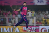 Rajasthan Royals' Avesh Khan celebrates the wicket of Punjab Kings' Shashank Singh during the Indian Premier League cricket match between Rajasthan Royals and Punjab Kings in Guwahati, India, Wednesday, May. 15, 2023. (AP Photo/Anupam Nath)