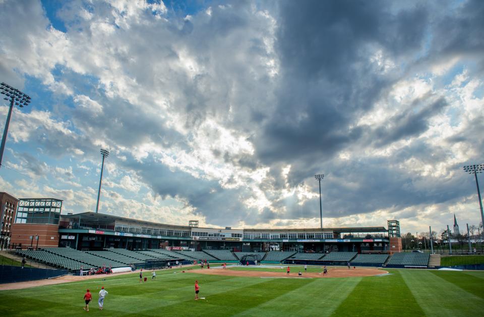 The sun peeks between cloud cover during a Peoria Chiefs practice Monday, April 3, 2023 at Dozer Park in Peoria.