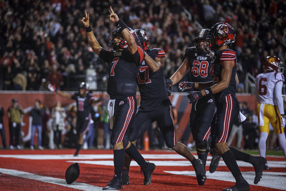 Utah quarterback Cameron Rising (7) celebrates a 2-point conversion against Southern California during an NCAA college football game Saturday, Oct. 15, 2022, in Salt Lake City. (Trent Nelson/The Salt Lake Tribune via AP)