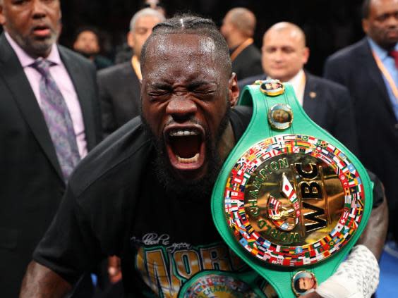 Deontay Wilder celebrates his victory over Dominic Breazeale (Getty)