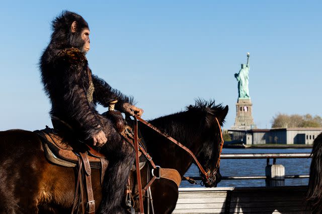 <p>Experiential Supply</p> An actor dressed as an ape on horseback on April 26, 2024