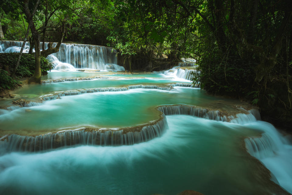 Tiered pools of blue-green water