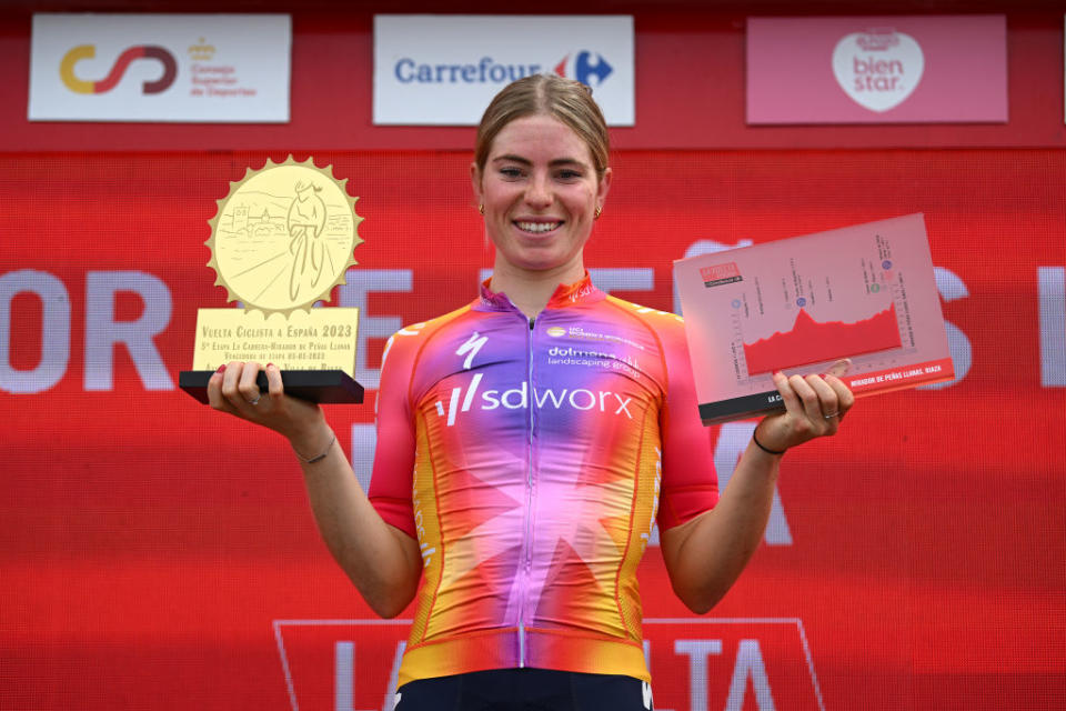 MIRADOR DE PEAS LLANAS SPAIN  MAY 05 Demi Vollering of The Netherlands and Team SD Worx celebrates at podium as stage winner during the 9th La Vuelta Femenina 2023 Stage 5 a 1292km stage from La Cabrera to Mirador de Peas Llanas 1479m  UCIWWT  on May 05 2023 in Mirador de Peas Llanas Spain Photo by Dario BelingheriGetty Images