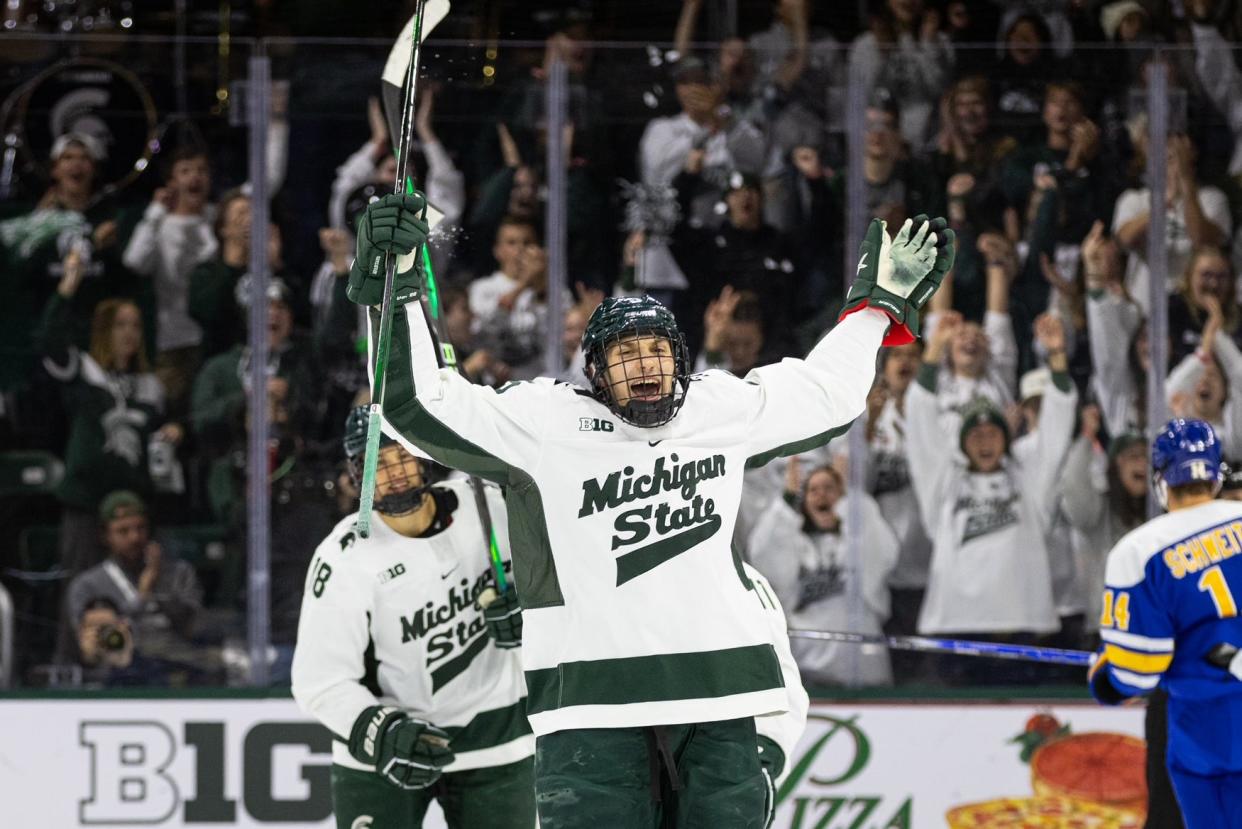 Michigan State defenseman Artyom Levshunov celebrates his goal in the first period of MSU's hockey game with Lake Superior State on Sunday, October 8 2023 at Munn Ice Arena. The Spartans would complete the series sweep of the Lakers with a 4-2 victory