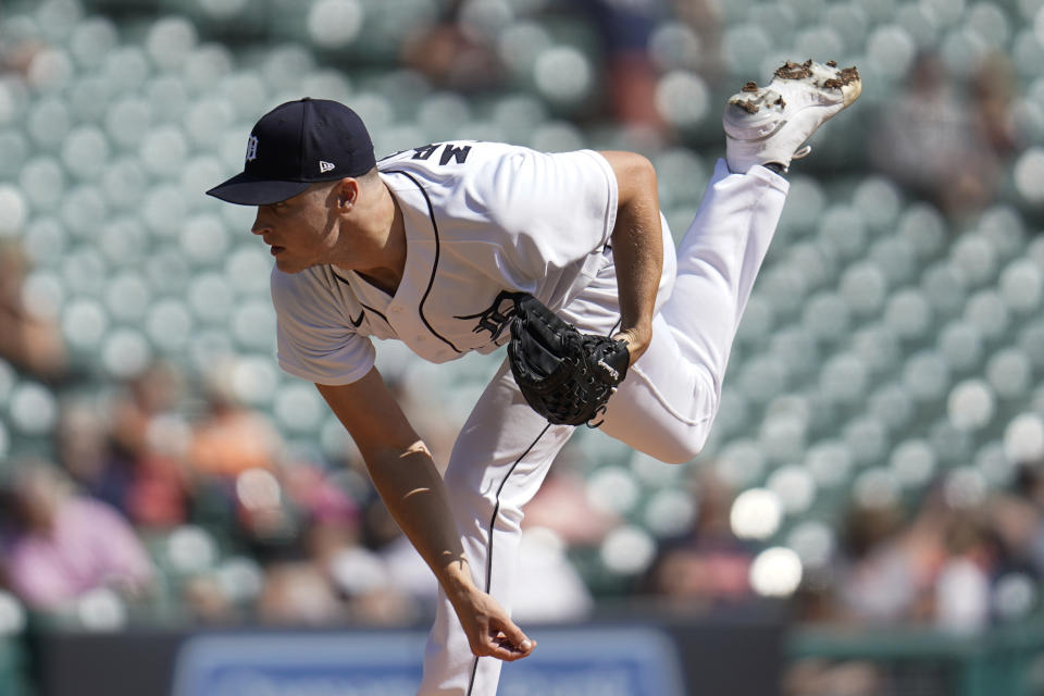 Detroit Tigers pitcher Matt Manning throws against the Chicago White Sox in the first inning of a baseball game in Detroit, Monday, Sept. 27, 2021. (AP Photo/Paul Sancya)