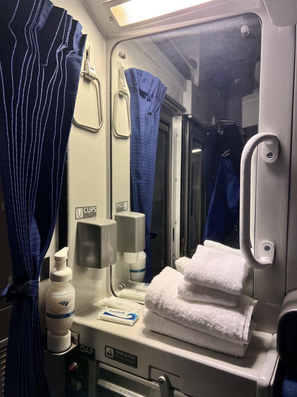 The bathroom area in the author's Amtrak roomette.