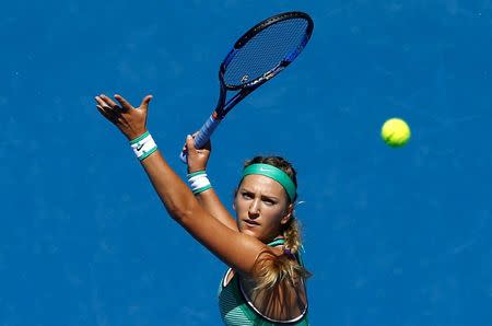 FILE PHOTO: Belarus' Victoria Azarenka hits a shot during her third round match against Japan's Naomi Osaka at the Australian Open tennis tournament at Melbourne Park, Australia, January 23, 2016. REUTERS/Jason Reed/File Photo