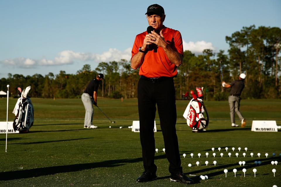 Greg Norman fields questions from the crowd during a clinic after the second round of play of the Franklin Templeton Shootout on Friday, Dec. 11, 2015. (Scott McIntyre/Staff)