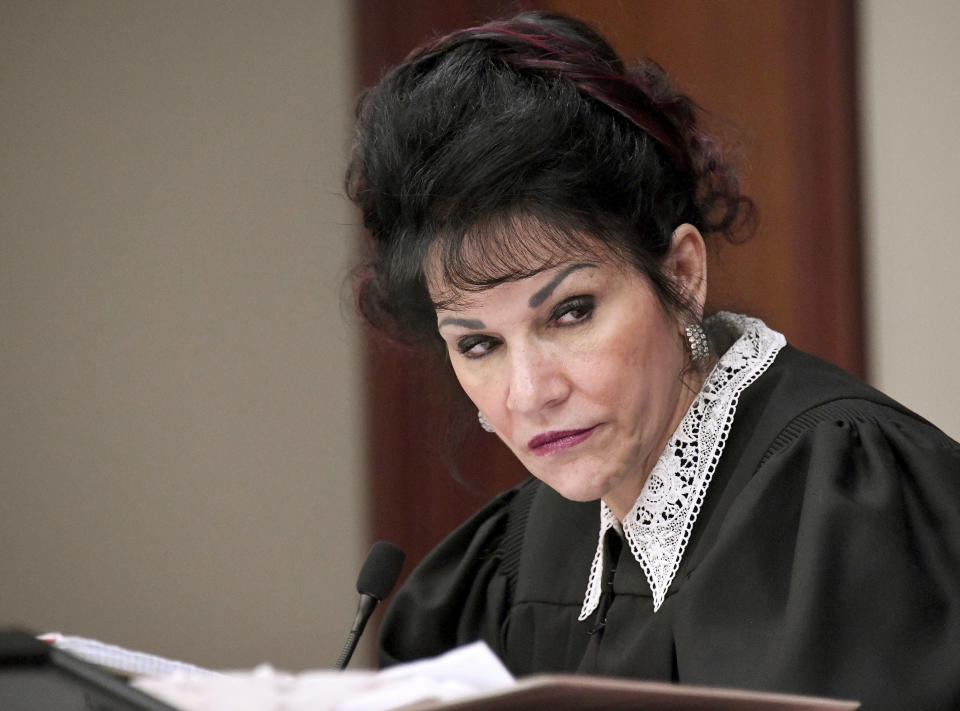 FILE - In this Jan. 23, 2018, file photo, Judge Rosemarie Aquilina listens to a victim statement during the sixth day of Larry Nassar's sentencing hearing in Lansing, Mich. On Friday, June 17, 2022, the Michigan Supreme Court has rejected a final appeal from Nassar, who was sentenced to decades in prison for sexually assaulting gymnasts, including Olympic medalists. (Dale G. Young/Detroit News via AP, File)