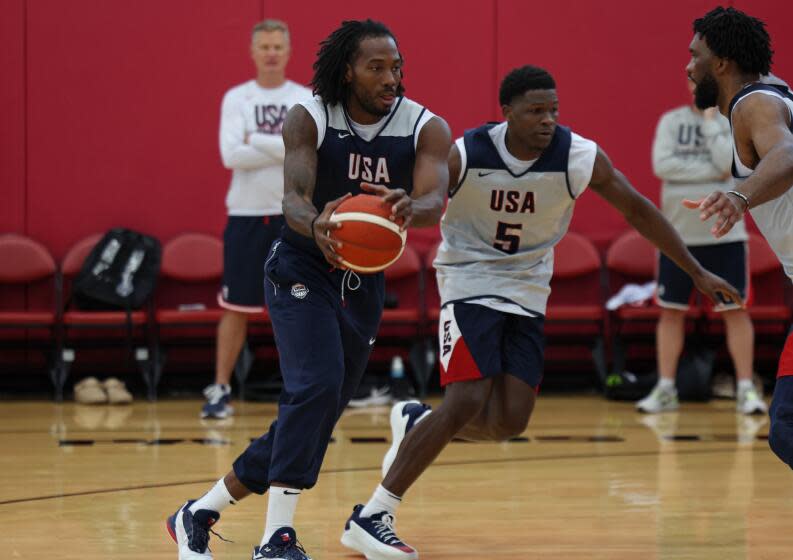 LAS VEGAS, NV - JULY 7: Kawhi Leonard #8 of the USA Basketball Men's Team handles the ball during USAB Men's Training Camp in Las Vegas on July 7, 2024 in Las Vegas Nevada. NOTE TO USER: User expressly acknowledges and agrees that, by downloading and/or using this Photograph, user is consenting to the terms and conditions of the Getty Images License Agreement. Mandatory Copyright Notice: Copyright 2024 NBAE (Photo by Mercedes Oliver/NBAE via Getty Images)